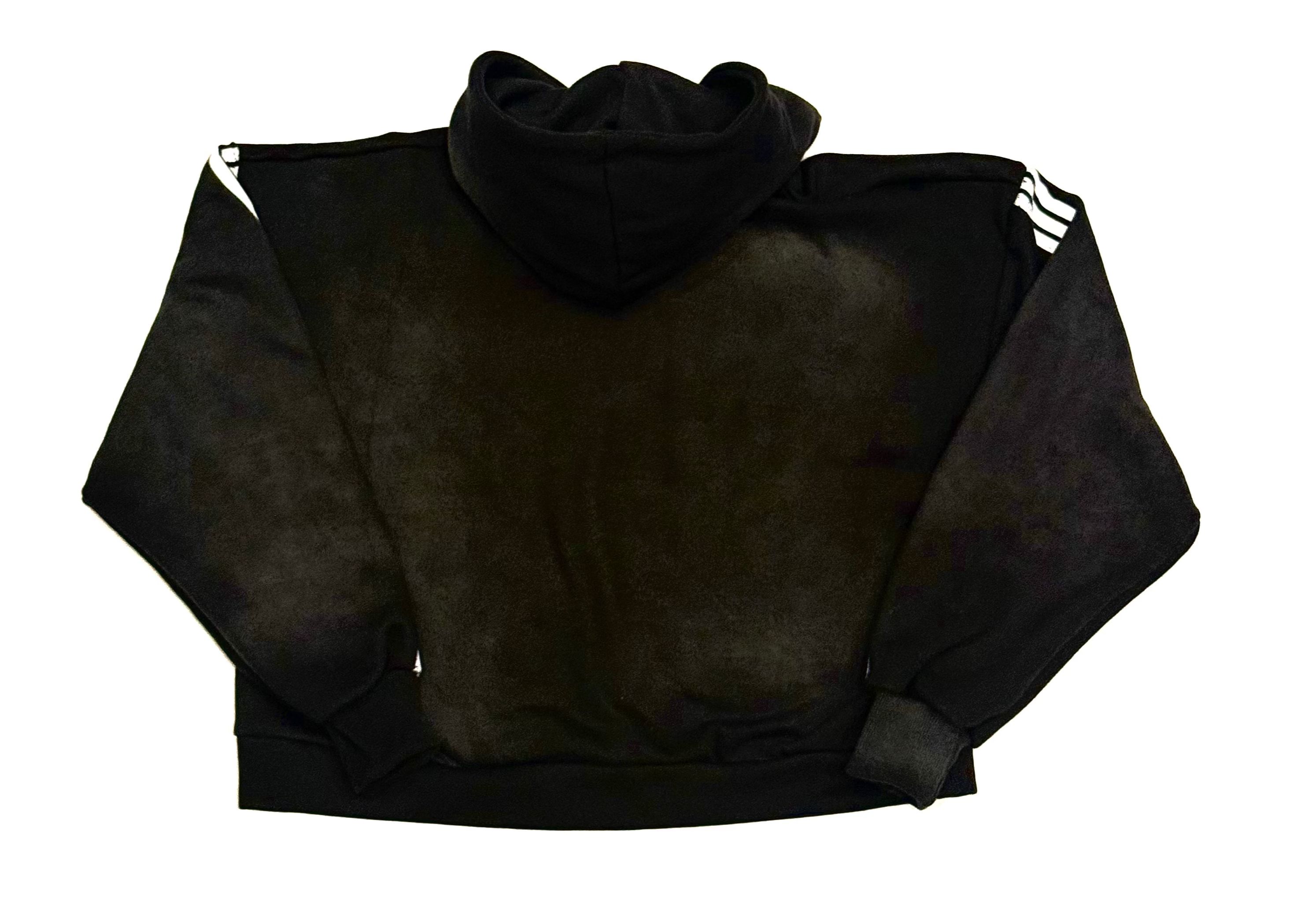 Black hoodie with white stripes on sleeves against a white background