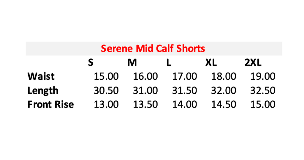 Mid Calf Size Shorts Chart 