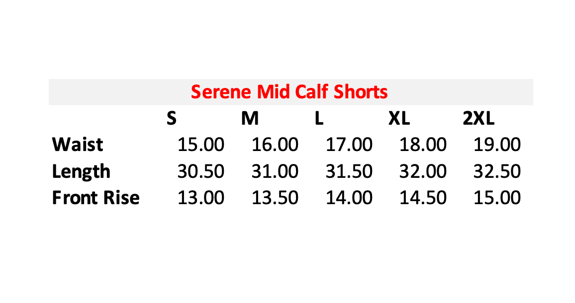 Mid Calf Size Shorts Chart 