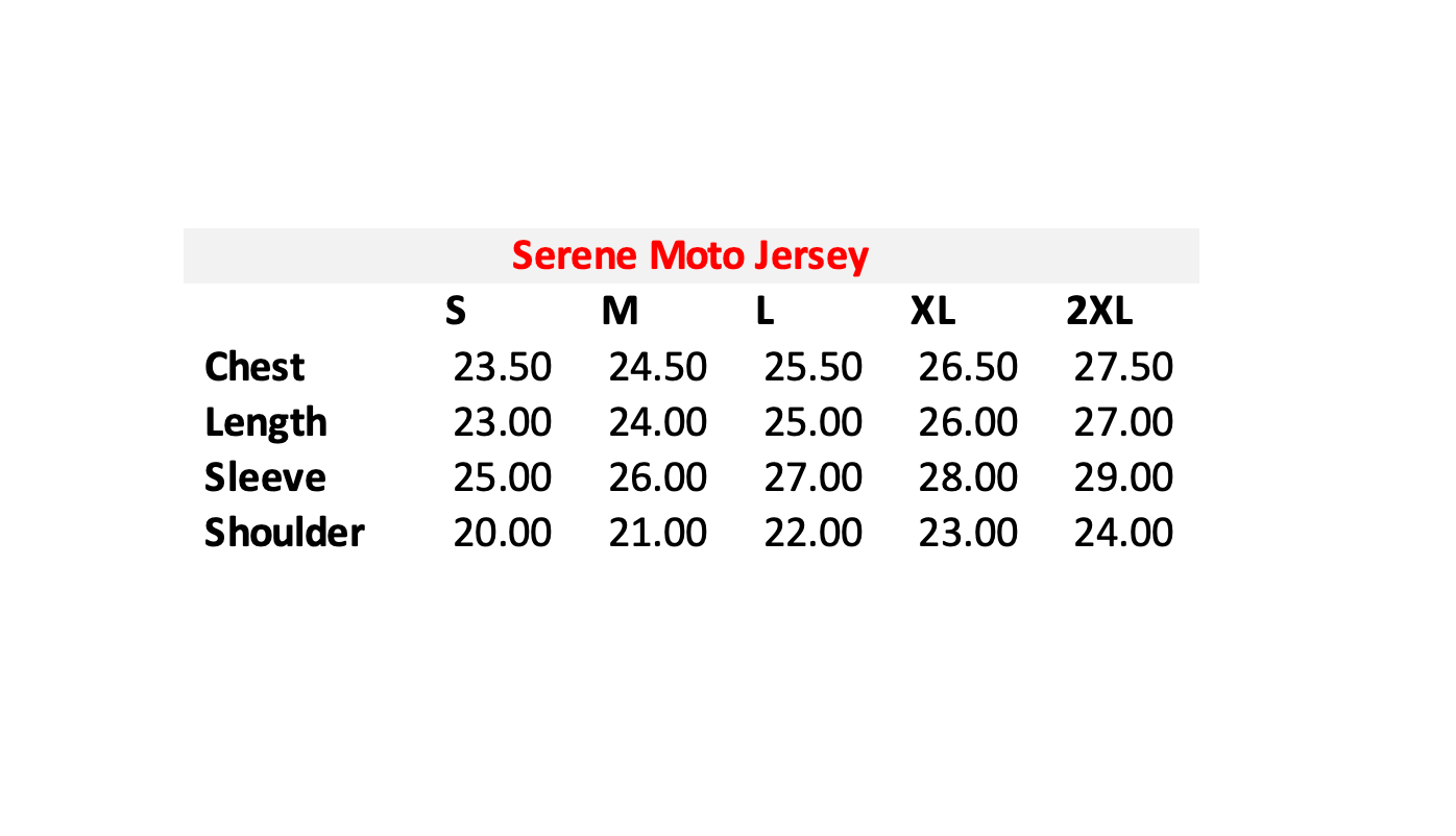 Measurement chart for Serene Moto Jersey with size chart on a white background