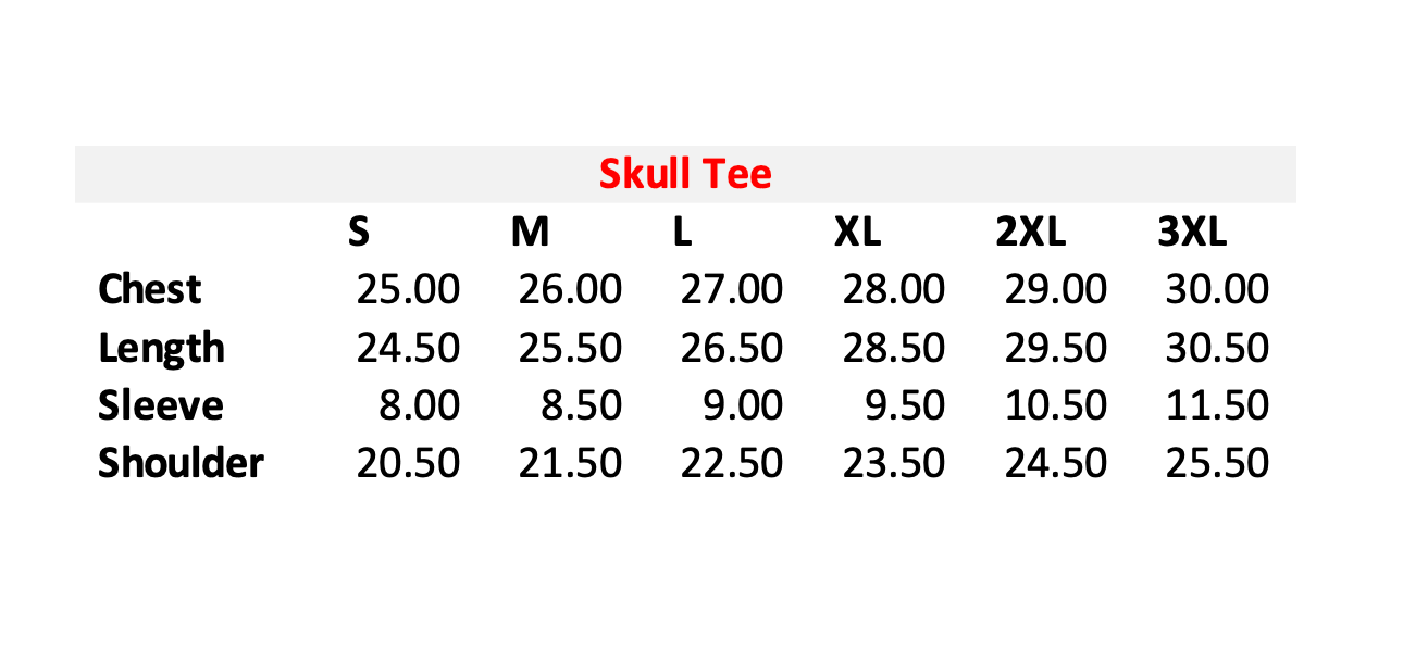 Skull Tee Size Chart